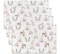 Homewish Lot de 4 Sets de Table Le Cerf Sika,Tapis de Table 45x30cm Tente,Sets de Table Lavable Garçons Filles Mignons Animaux Cornes Flèches Feuille,Tapis de Table Rose Peach Fleurs Elk Imprimer