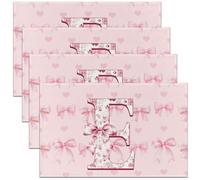 Homewish Lot de 4 Sets de Table Lettre Initiale de L'Alphabet Rose E Bowknot,Tapis de Table 45x30cm Fleurs Monogrammées,Sets de Table Lavable Kawaii Love Hearts Bow Filles Enfants