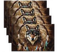 Homewish Lot de 4 Sets de Table Loup Bohème, Tapis de Table 45x30cm Attrape-Rêves Tribal, Sets de Table Lavable Motif Plumes Bohème, Tapis de Table Antidérapant Imprimé Animal Sauvage