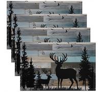 Homewish Lot de 4 Sets de Table Mouse de Cerf Rustique,Tapis de Table 45x30cm Enfants Adolescents Adultes Ferme Animal Sauvage,Sets de Table Lavable Thème de Chasse À La Cabane Planche en Bois Bleu