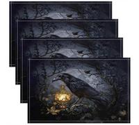 Homewish Lot de 4 Sets de Table Noir Crow, Tapis de Table 45x30cm Halloween Raven, Sets de Table Lavable Thème de Terreur Gothique, Tapis de Table Antidérapant Animaux Sauvages