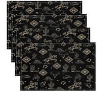 Homewish Lot de 4 Sets de Table Occidental,Tapis de Table 45x30cm Crâne Boho Bull,Sets de Table Lavable Adultes Adolescents Femmes Noir Cactus Cowboy,Tapis de Table Bohème Aztèque Wild West