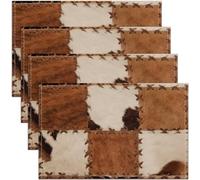 Homewish Lot de 4 Sets de Table Peau de Vache, Tapis de Table Patchwork Imprimé Fourrure de Vache, pour Cuisine Restaurant Table À Manger, Ferme de Cow-Boy Occidental, 45cmx30cm (Marron Blanc)