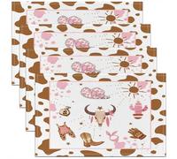 Homewish Lot de 4 Sets de Table Rose Western,Tapis de Table 45x30cm Crâne de Taureau Vintage,Sets de Table Lavable Cowgirl Cowboy Cow Motif,Tapis de Table Enfants Garçons Filles Adultes Brun Faune