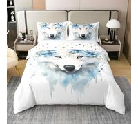 Homewish Loup Blanc Coton Housse de Couette 220x240,Fleurs Végétales Bleues Parure de Lit,Aquarelle Peinture À L'Encre Linge de Lit,Oeuvre Minimaliste Literie avec 2 Taies d'oreiller