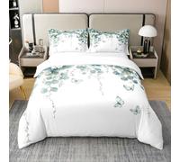Homewish Minimaliste Coton Linge de Lit,Papillon Bleu Vert Literie,Fleur D'Eucalyptus Housse de Couette 240 x 260,Feuilles Vertes Couvre Lit,avec Fermeture Éclair,Doux Chaud