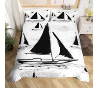 Homewish Nautique Housse de Couette 240 x 260 cm avec 2 Taies d'oreiller, Parure de Lit Voilier Noir et Blanc Couvre Lit 2 Personnes Océan, Sets de Housses de Couettes Vagues de L'Océan Côtier