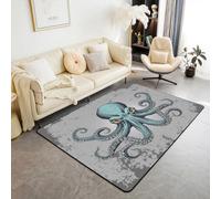 Homewish Octopus Tapis de Sol 100x150cm.Teal Octopus Tapis Tentacles,Imprimé Monstre Marin Mystérieux Tapis de Sol Intérieur Salon,Grunge Océan Méditerranée Tapis D'Appoint Set sans Abri