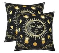 Homewish Or Soleil Lune Lot de 2 Taie d'oreiller 60x60,Paillettes Visage Eye Pattern Hold Taie d'oreiller,Astrologie Cosmique Housse de Coussin,Bohème Décoratif Taie d'oreiller Réversible