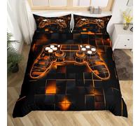 Homewish Orange Housse de Couette Ado Garcon 240 x 260 cm avec 2 Taies d'oreiller, Parure de Lit Gamer Gaming Sets de Housses de Couettes Manette de Jeux Néon Couvre Lit À Grille Géométrique