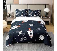 Homewish Parure de Lit 140x200 Ado Garçon Coton Fusée, Housse de Couette Fusée de Dessin Animé, Ensemble de Literie Ciel Étoilé, Couvre Lit Espace Extérieur Galaxie Planète, Noire, Doux