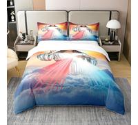Homewish Parure de Lit 140x200 en Coton Biologique, Housse de Couette Jésus, Housse Couette Chrétienne de Pâques, pour Ados Adultes, Ensemble de Literie Mary Bless, Couvre Lit Culture Religieuse
