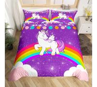 Homewish Parure de Lit 140x200 Enfant Licorne, Ensemble de Literie Arc-en-Ciel pour Filles, Housse de Couette Pailletée Licorne Pourpre, Décoration de Chambre Étoiles Galaxie, 1 Taie d'oreiller