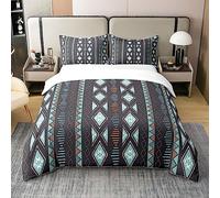 Homewish Parure de Lit 220x240 Adulte Bohème en Coton, Ensemble de Literie Boho Aztèque Rayé, Housse de Couette Tribu Triangle Géométrique, Couvre Lit Style Mexicain, Décor du Sud-Ouest