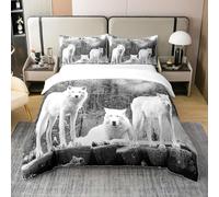 Homewish Parure de Lit 220x240 en Coton, Housse de Couette Loup Blanc, Ensemble de Literie Couple de Loups, Housse Couette Safari Animaux pour Enfants Garçons Filles, Faune Exotique