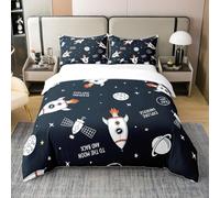 Homewish Parure de Lit 240x260 Ado Garçon Coton Fusée, Housse de Couette Fusée de Dessin Animé, Ensemble de Literie Ciel Étoilé, Couvre Lit Espace Extérieur Galaxie Planète, Noire, Doux