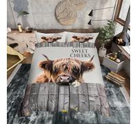 Homewish Parure de lit 3 pièces avec housse de couette de style ferme rustique à motif de vache des Highlands grise, cadeau pour adolescents et adultes - Motif cabane boisée - Cadeau pour lit double