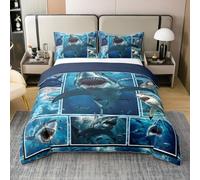 Homewish Parure de Lit 3D Requin Coton Housse de Couette 240 x 260,Thème de Chasse Couvre Lit,Blue Sealife Sharks Literie Set Navy Blue Checkered Patchwork,Monde sous-Marin Drôle