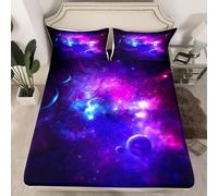 Homewish Parure de Lit 90x190 Ciel Étoilé Violet, Drap de Lit Constellation, Drap Housse Galaxie Étoile Imprimée, Drap Plat l'espace Mystérieux, Antidérapants Résistant Aux Rides Drap-Housse