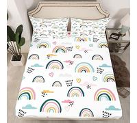 Homewish Parure de Lit 90x190 Enfant Fille, Drap Housse Arc-en-Ciel 1 Personne, Drap de Lit Coeur Rose, Drap-Housse Nuage de Dessins Animés À Rayures Géométriques, Aquarelle, 1 Taie d'oreiller