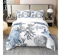 Homewish Parure de Lit Coton 240x260, Housse de Couette Turtle, Ensemble de Literie de Tortue de Mer Blanc et Bleu pour Enfants Filles Garçons, Literie Tortue Reptile Côtière Nautique, 3 Pièces