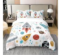Homewish Parure de Lit Coton Biologique 200x200 cm, Housse de Couette Espace Extra-Atmosphérique, Ensemble de Literie Vaisseau Spatial Fusée pour Enfants Garçons, Couvre Lit Cosmos Meteorite