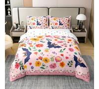 Homewish Parure de Lit Coton Chauve Souris Halloween Housse de Couette 140x200 Fleurs de Bohême Couvre Lit Fille,Funky Fleurs Sauvages Literie Bohème Rural Fleurs Jardin Plantes Cabane Décor,Rose