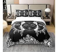 Homewish Parure de Lit Cotton 220x240, Housse de Couette Soleil et Lune, Ensemble de Literie Boho Exotique pour Adultes Femmes Ados, Housse Couette Décor Mandala Bohémien Noir Blanc