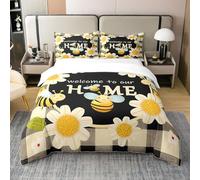 Homewish Parure de Lit Enfant Abeille de Miel pour 2 Personnes - Housse de Couette Fleurs de Marguerite de Printemps 220x240 en Coton - Ensemble de Literie Plaid Carreaux Noir Gris
