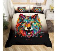 Homewish Parure de Lit Loup 2 Personnes, Housse de Couette Attrape-Rêves Loup 3D Animal, Sets de Housses de Couettes Loup Boho 240 x 260 cm avec 2 Taies d'oreiller, Couvre Lit Aquarelle Dégradé