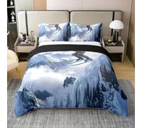 Homewish Parure de Lit Ski Coton Housse de Couette 220x240 Sports Couvre Lit pour Les Enfants Hommes Femmes Hiver Neige Jeu Montagne Blanc Bleu Literie Set Doux Confortable
