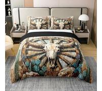 Homewish Parure de Lit Taureau Crâne Housse de Couette 140x200 Enfants Garçons Vintage Wild West 100% Coton Couvre Lit Mou Respirant Rustique Grange Désert Cactus Pays Cowboy Roue de Cabine Literie