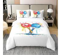 Homewish Parure de Lit Tennis de Table Coton Housse de Couette 140x200 Ping Pong Couvre Lit pour Les Enfants Garçons Filles Jeux Sport Graffiti Aquarelle Rouge Bleu Literie Set Doux Confortable