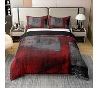 Homewish Plaid Rouge et Noir Housse de Couette Coton,Tie Dye Noir Parure de Lit pour Enfants et Adolescents,Ensemble de Literie Vintage Gribouillis Doux,Couvre Lit Géométrique Collage 220x240