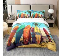 Homewish Planche de Surf Aquarelle Housse de Couette Coton Biologique Palmiers Tropicaux Parure de Lit 240 x 260 Ensemble de Literie de Plage Le Ensemble de Draps de Vacances Hawaïennes 240 x 260