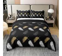 Homewish Plumes Coton Housse de Couette 240 x 260,Bohème Vintage Animaux Parure de Lit Chambre,Simple Bohème Chic Imprimé Fille Enfant Doux Literie Set,Or Noir Exotique Couvre Lit