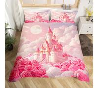 Homewish Princesse Château Housse de Couette 140x200 Romantique Rose Fleur Parure de Lit,Rêve Ciel Étoilé Super Doux Literie Fille Rose Linge de Lit Couverture Chambre Décor