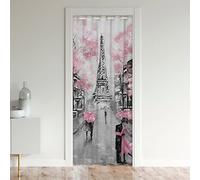 Homewish Rideau de Porte de Paris,France Tour Eiffel Rideau D'Occultation,Paris Thème Cerisier Fleur Rideau de Porte,Couple Vintage Gris Bâtiment Salon Rose Gris Rideau de Placard,1 Pièce,86x203