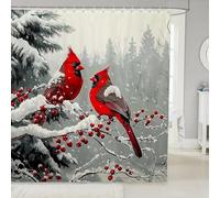 Homewish Rideau Douche 180x180cm Cardinaux Rouges,Rideaux de Douche Joyeux Noël,Rideau de Baignoire pour Filles Adolescentes Femmes Oiseaux Cardinaux,Rideaux Salle de Bain Noël Décor Flocon de Neige
