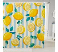 Homewish Rideau Douche 180x180cm Citron,Rideaux de Douche Fruit Peinture À l'huile,Rideau de Baignoire Bandes Géométriques,Rideaux Salle de Bain Fruits Délicieux