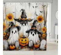 Homewish Rideau Douche 180x180cm Ghost Gothique, Rideaux de Douche Chapeau de Sorcière d'halloween, Rideau de Baignoire Tournesol Bohème, Rideaux Salle de Bain Boho Floral