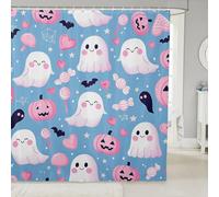Homewish Rideau Douche 180x180cm Heureux Halloween, Rideaux de Douche Citrouille Rose, Rideau de Baignoire Filles Enfant, Rideaux Salle de Bain Halloween Fantôme Amour Cœur