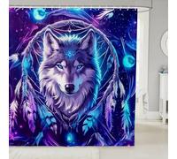 Homewish Rideau Douche 180x180cm Imprimé Animal Loup, Rideaux de Douche Attrape-Rêves Bohème, Rideau de Baignoire Motif Plumes Bohème, Rideaux Salle de Bain Galaxie Mystère