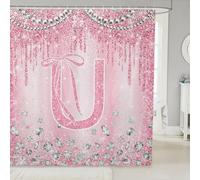 Homewish Rideau Douche 180x180cm Lettre Initiale F Bowknot Ombre Alphabet Rose,Rideaux de Douche Kawaii Bow Coquette,Rideau de Baignoire FilEnfants Glitter,Rideaux Salle de Bain Monogrammé