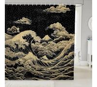 Homewish Rideau Douche 180x180cm Style Japonais, Rideaux de Douche Mont Fuji, Rideau de Baignoire Adultes Adolescents Océan Grandes Vagues Art, Rideaux Salle de Bain Noir Golden Glitter Stars