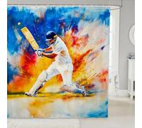Homewish Rideau Douche 180x200cm Aquarelle Cricket Batsman,Rideaux de Douche Splatter Jaune Bleu Orange,Rideau de Baignoire Joueur de Cricket Enfants Garçons Adolescents Adultes Sports Esthétique