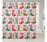 Homewish Rideau Douche 180x200cm Bottes de Cowgirl Rose,Rideaux de Douche Filles Adolescentes Cactus Western Horseshoe,Rideau de Baignoire Étoiles Vintage Campagne Rurale Rustique