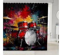 Homewish Rideau Douche 180x200cm Drum Kit Impression 3D,Rideaux de Douche Musique Rock À Thème,Rideau de Baignoire Modèle Musical,Rideaux Salle de Bain Style Rétro Coloré