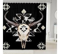 Homewish Rideau Douche 180x200cm Impression en Cuir de Vache Aztèque Occidental,Rideaux de Douche Crâne Boho Bull,Rideau de Baignoire Cowgirl du Sud-Ouest Enfants Garçons Hommes Cornes Ethniques Noir