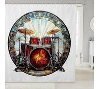 Homewish Rideau Douche 180x200cm Imprimer Le Kit de Tambour,Rideaux de Douche Musique Rock À Thème,Rideau de Baignoire Modèle D'Instrument Musical Garçons Filles Style Esthétique Rétro